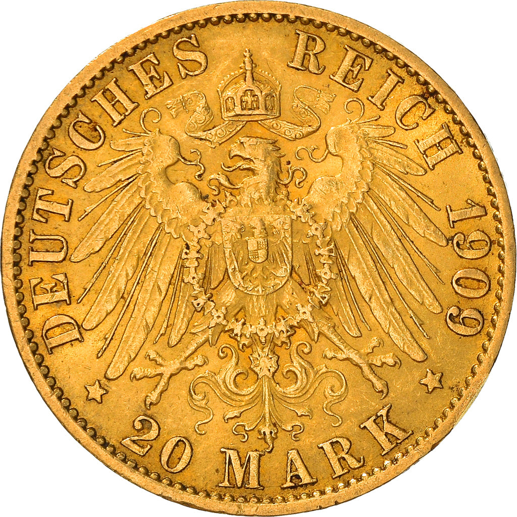 Coin, German States, PRUSSIA, Wilhelm II, 20 Mark, 1909, Berlin, AU(50-53)