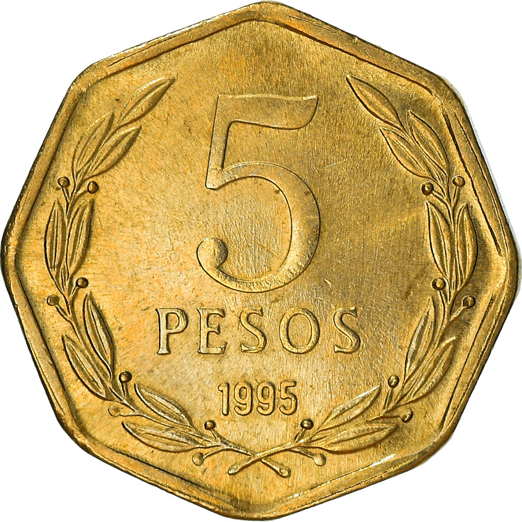 Moeda, Chile, 5 Pesos, 1995, Santiago, AU(55-58), Alumínio-Bronze, KM:232