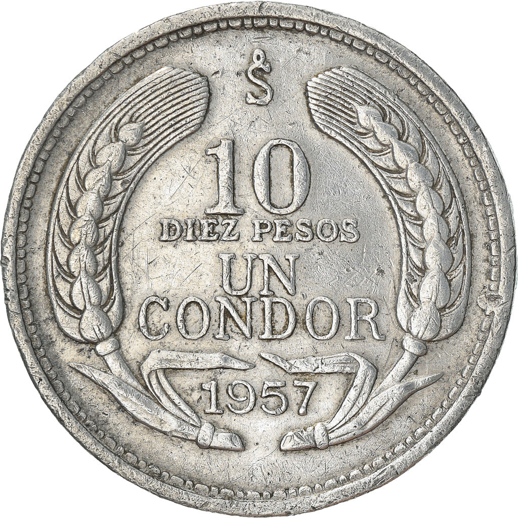 Moneta, Cile, 10 Pesos, 1957, MB+, Alluminio, KM:181