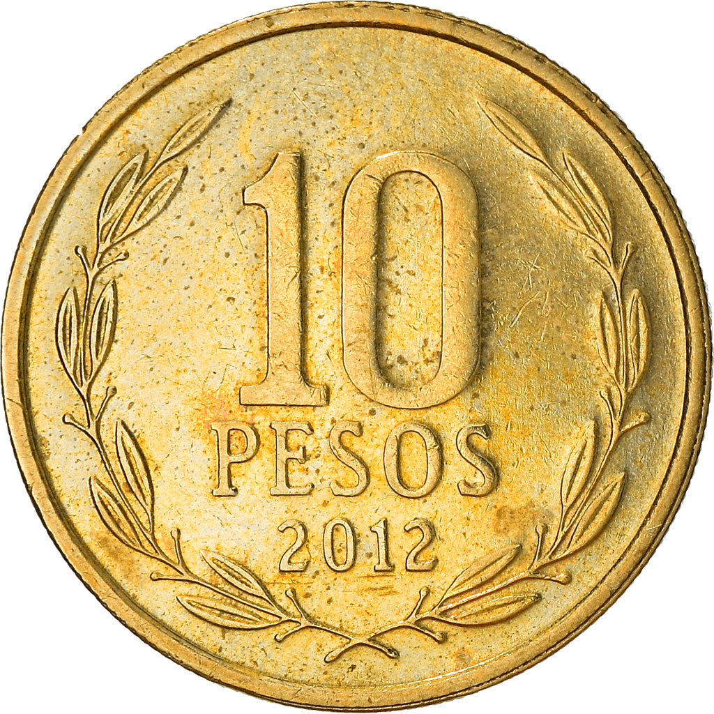 Moneda, Chile, 10 Pesos, 2012, Santiago, MBC+, Aluminio - bronce, KM:228.2