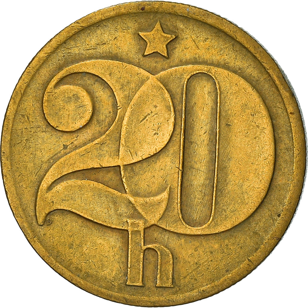 Moneta, Czechosłowacja, 20 Haleru, 1975, VF(20-25), Mosiądz niklowy, KM:74