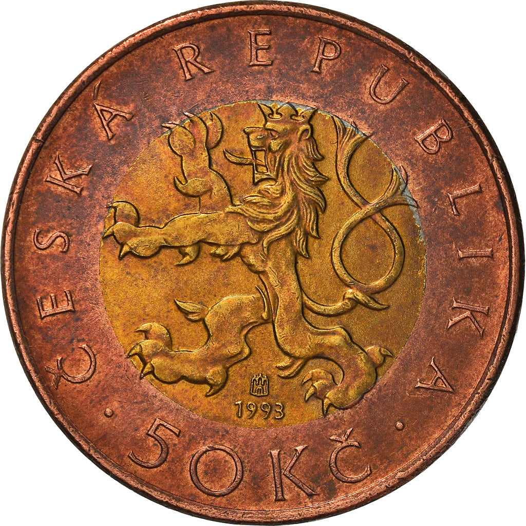 Moeda, República Checa, 50 Korun, 1993, AU(50-53), Bimetálico, KM:1