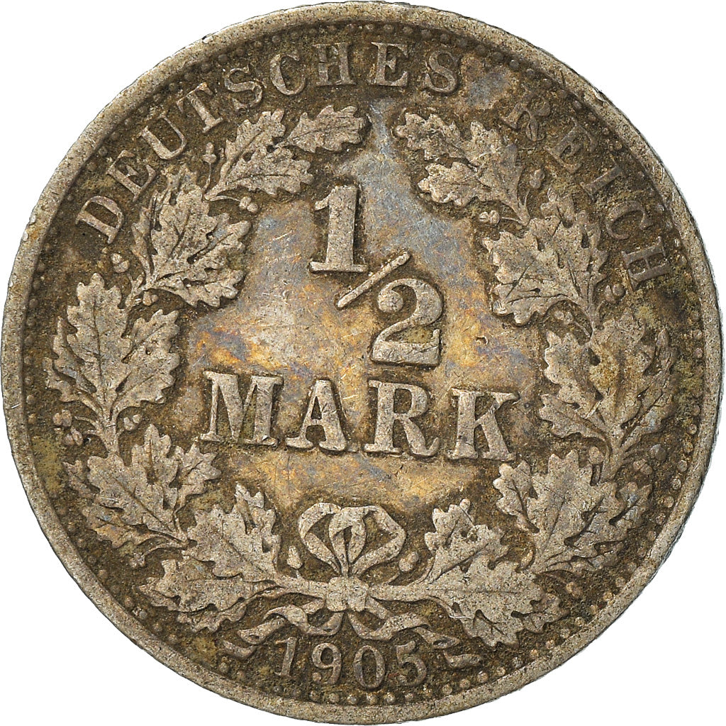 Moneta, GERMANIA - IMPERO, 1/2 Mark, 1905, Berlin, BB, Argento, KM:17