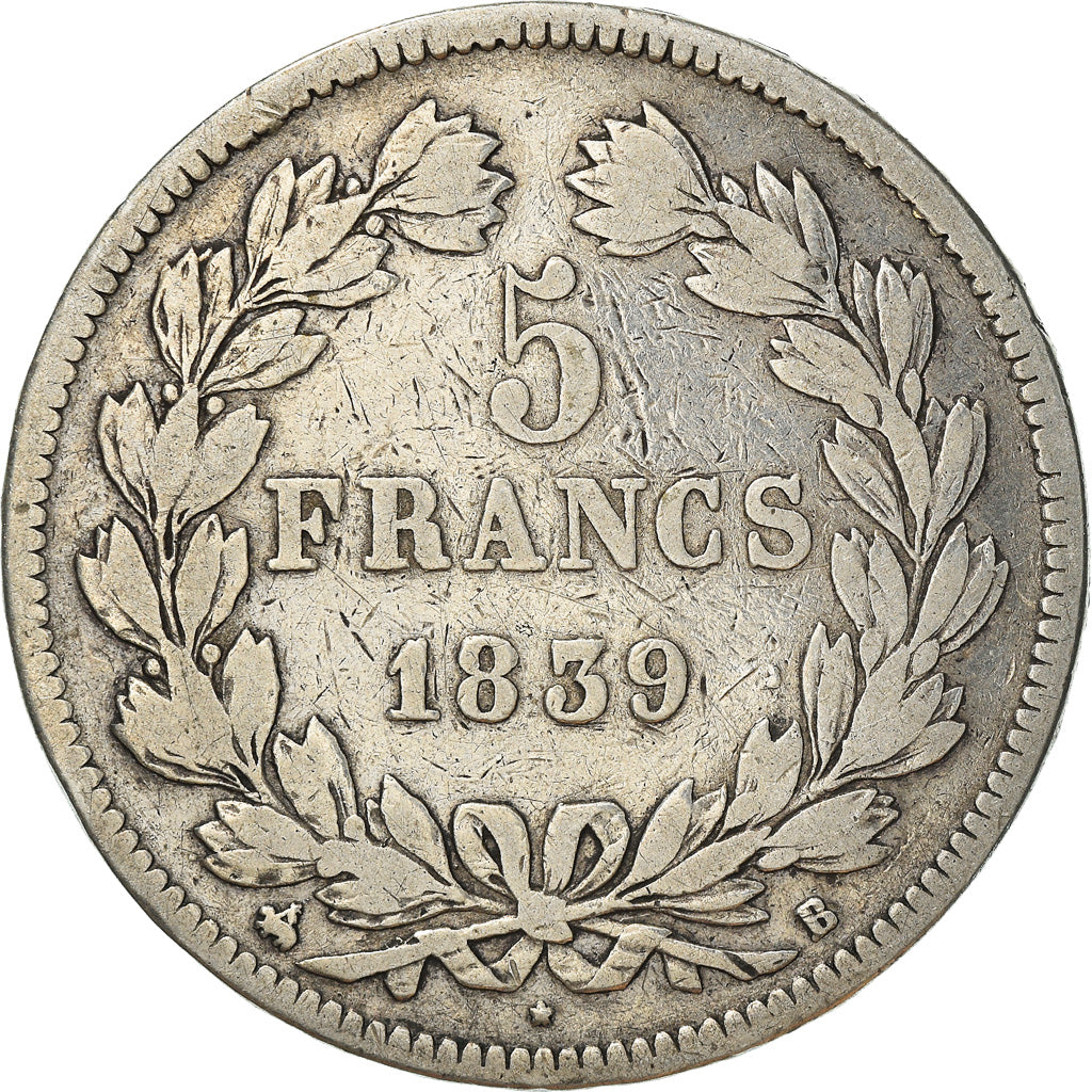 Munten, Frankrijk, Louis-Philippe, 5 Francs, 1839, Rouen, FR+, Zilver, KM:749.2