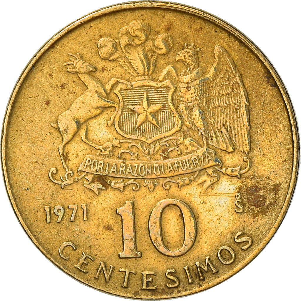 Moneda, Chile, 10 Centesimos, 1971, Santiago, BC+, Aluminio - bronce, KM:194