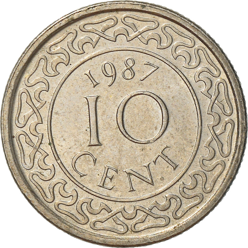 Moneta, Surinam, 10 Cents, 1987, AU(55-58), Nickel platerowany stalą, KM:13a