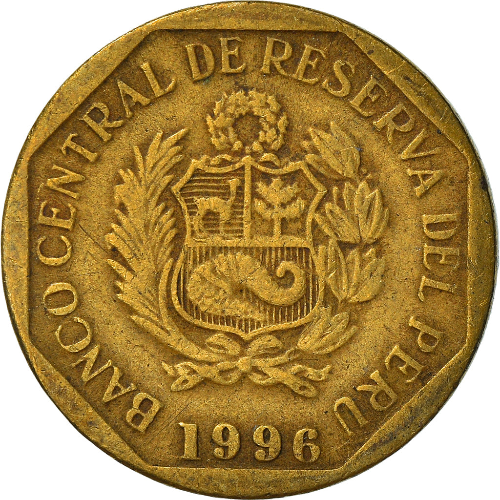 Coin, Peru, 10 Centimos, 1996, Lima, VF(30-35), Brass, KM:305.1