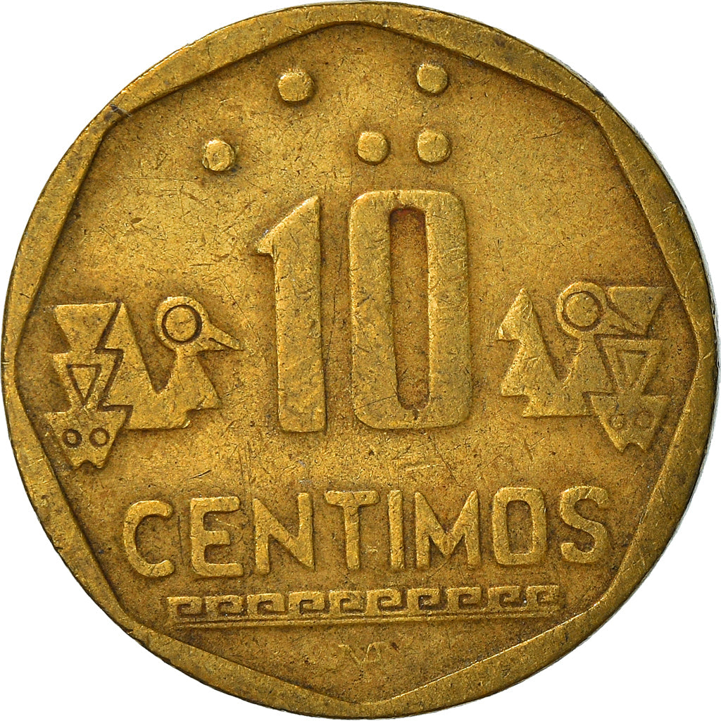 Coin, Peru, 10 Centimos, 1996, Lima, VF(30-35), Brass, KM:305.1