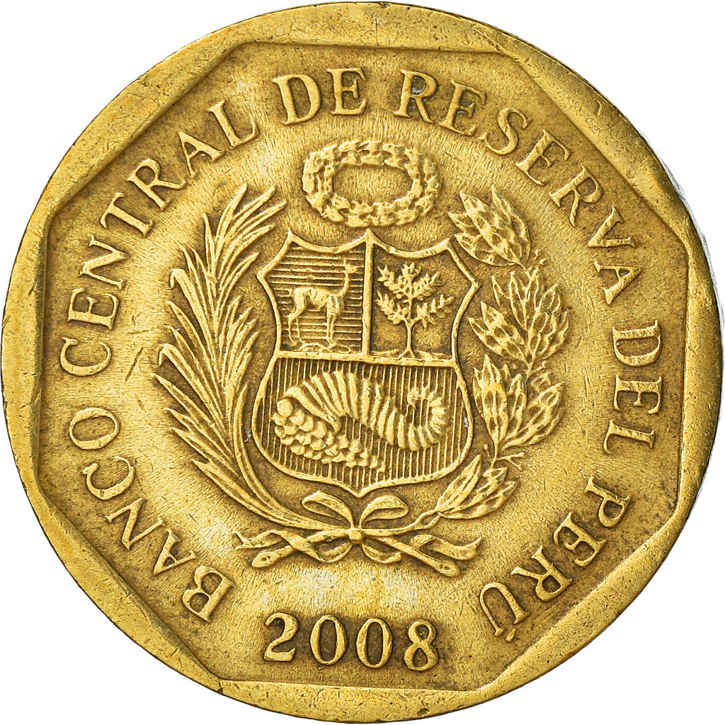 Moeda, Peru, 10 Centimos, 2008, Lima, VF(30-35), Latão, KM:305.4
