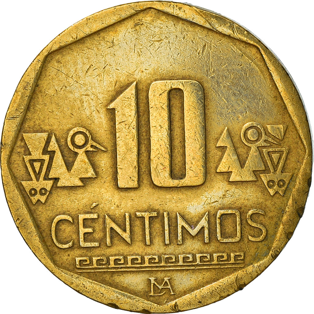 Moeda, Peru, 10 Centimos, 2008, Lima, VF(30-35), Latão, KM:305.4