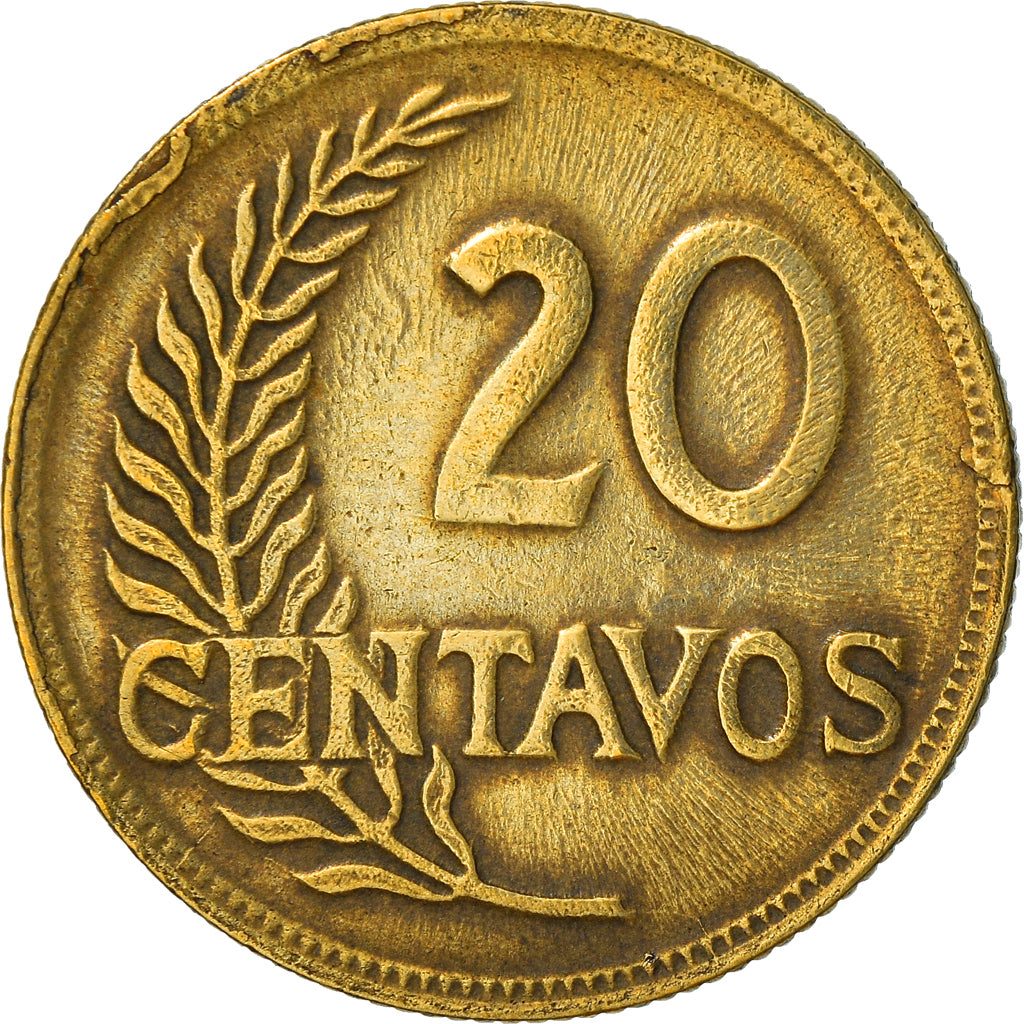 Moeda, Peru, 20 Centavos, 1944, Lima, EF(40-45), Latão, KM:221.1