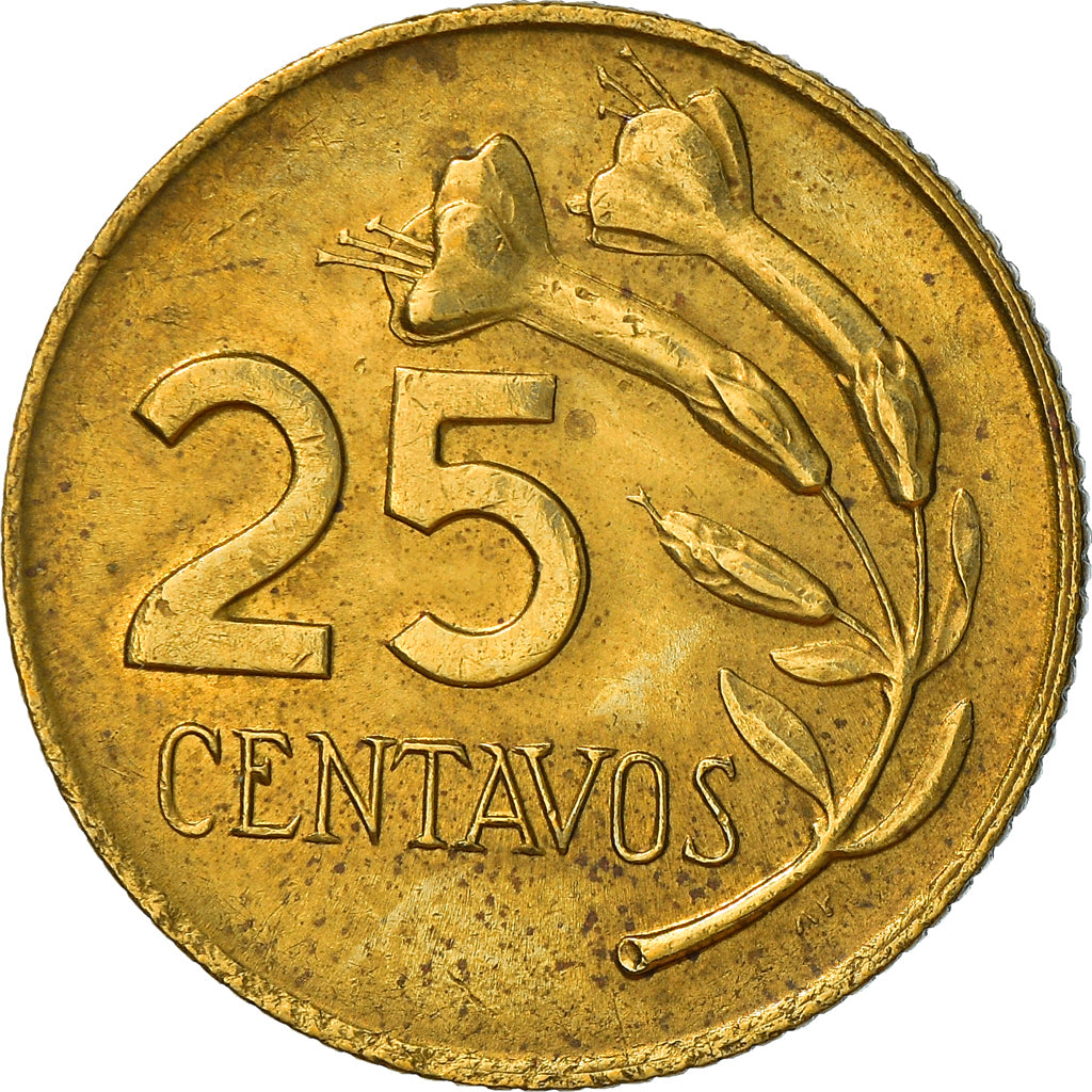 Moeda, Peru, 25 Centavos, 1967, EF(40-45), Latão, KM:246.1