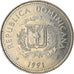 Moneda, República Dominicana, 25 Centavos, 1991, MBC, Níquel recubierto de
