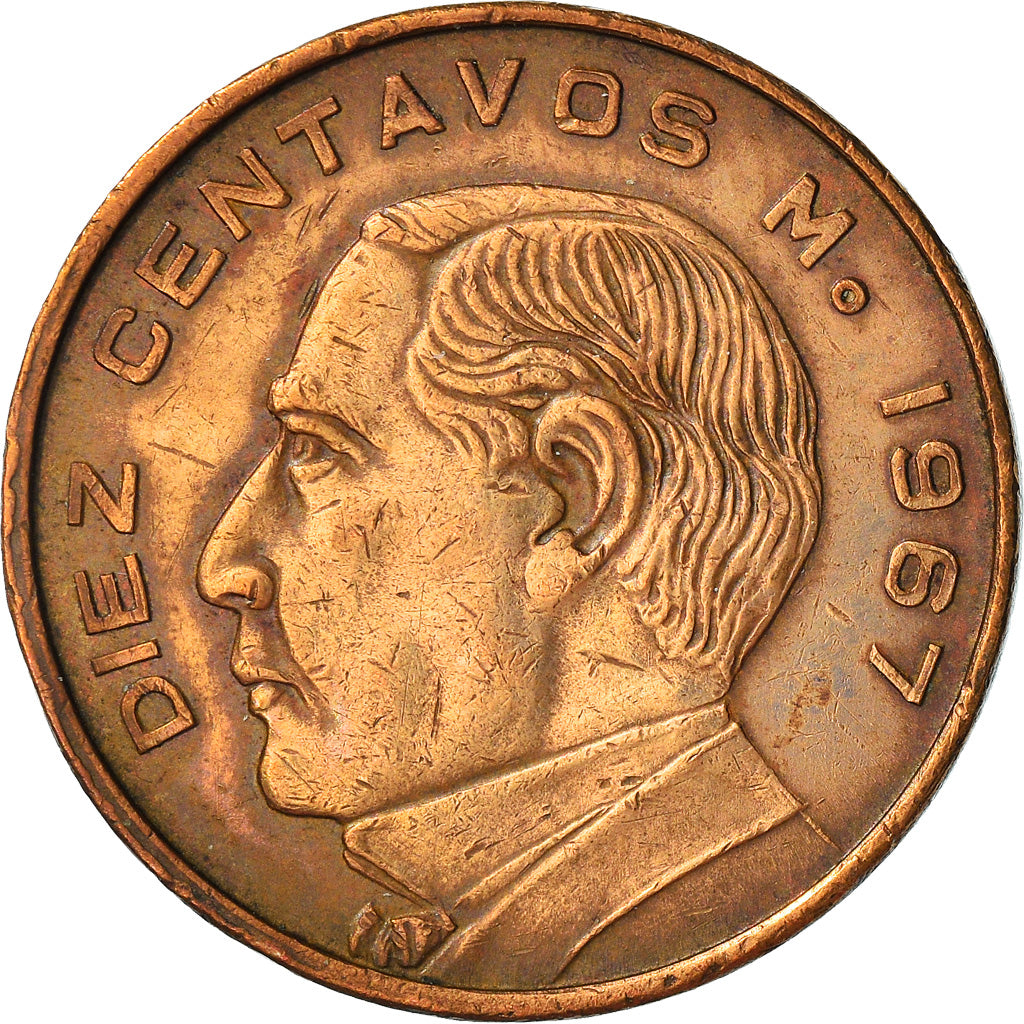 Moneta, Messico, 10 Centavos, 1967, Mexico City, BB, Bronzo, KM:433