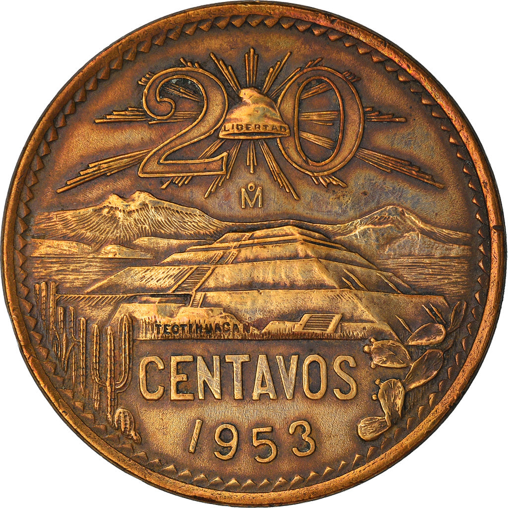 Moneda, México, 20 Centavos, 1953, Mexico City, MBC+, Bronce, KM:439