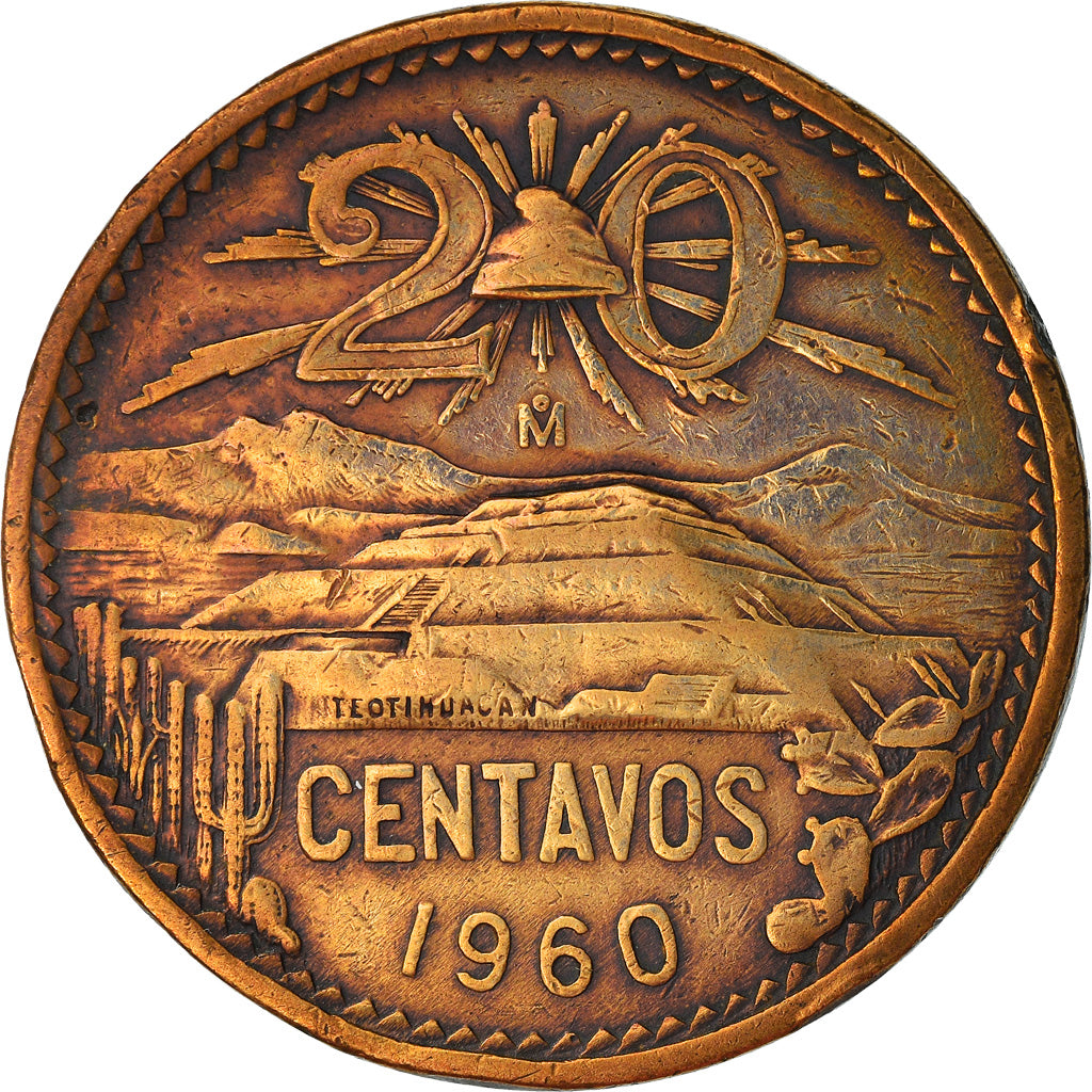Moneta, Messico, 20 Centavos, 1960, Mexico City, MB+, Bronzo, KM:440