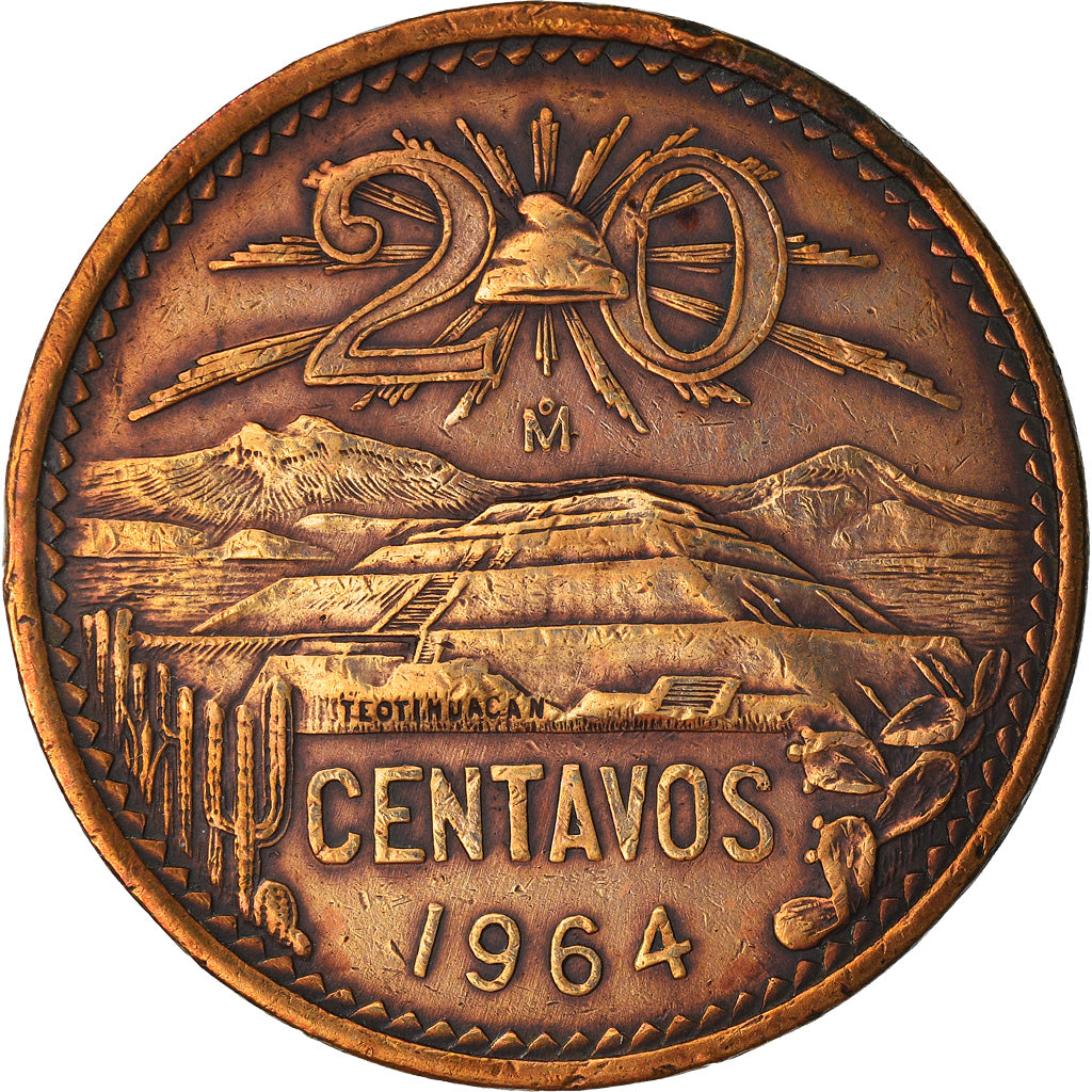Moneta, Messico, 20 Centavos, 1964, Mexico City, MB+, Bronzo, KM:440