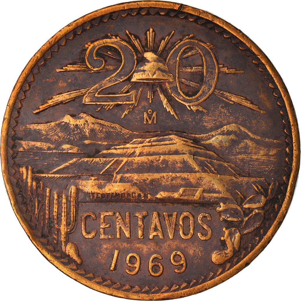 Moneda, México, 20 Centavos, 1969, Mexico City, BC+, Bronce, KM:440