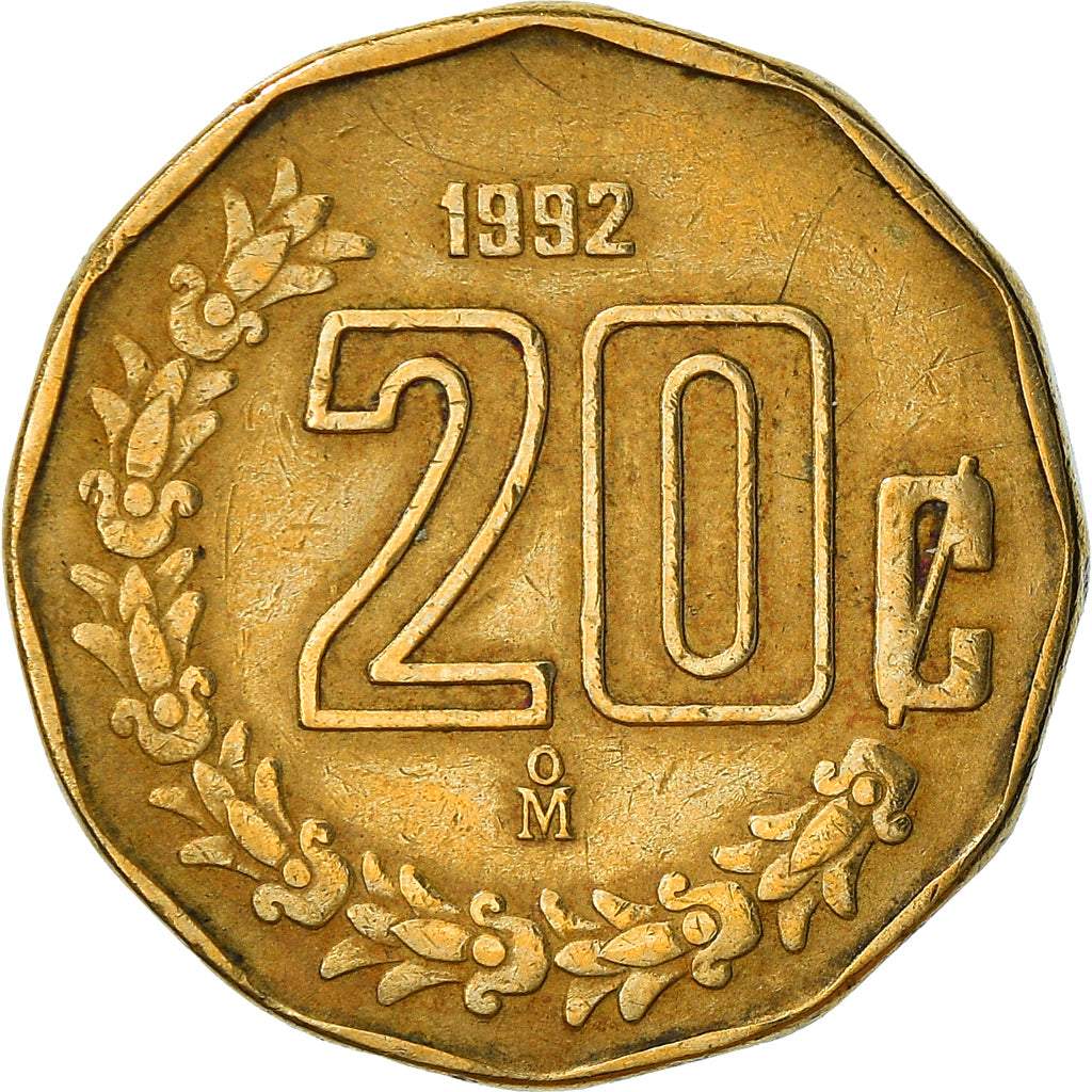 Moneda, México, 20 Centavos, 1992, Mexico City, BC+, Aluminio - bronce, KM:548