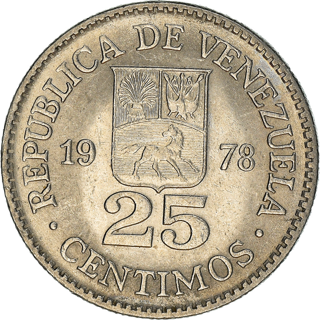 Coin, Venezuela, 25 Centimos, 1978, Werdohl, MS(60-62), Nickel, KM:50.1