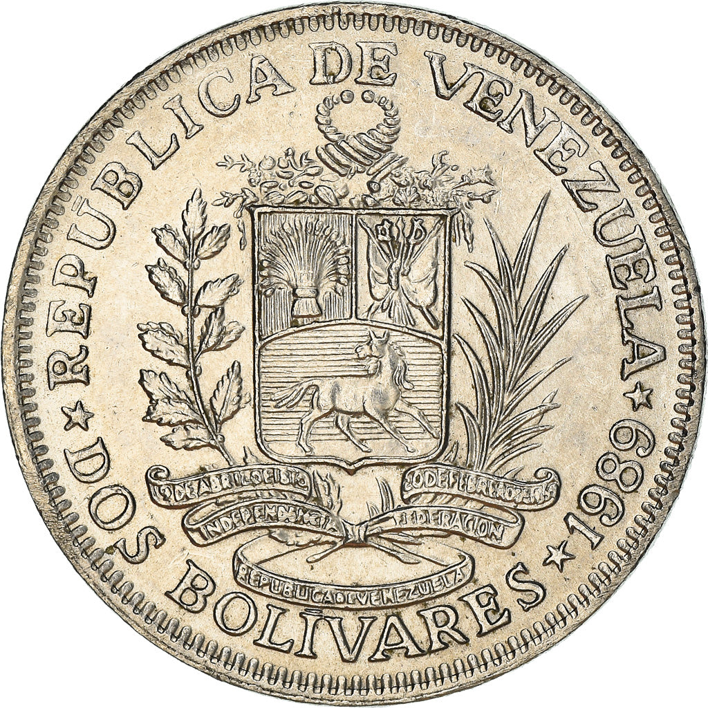 Moneta, Venezuela, 2 Bolivares, 1989, AU(50-53), Nikiel powlekany stalą