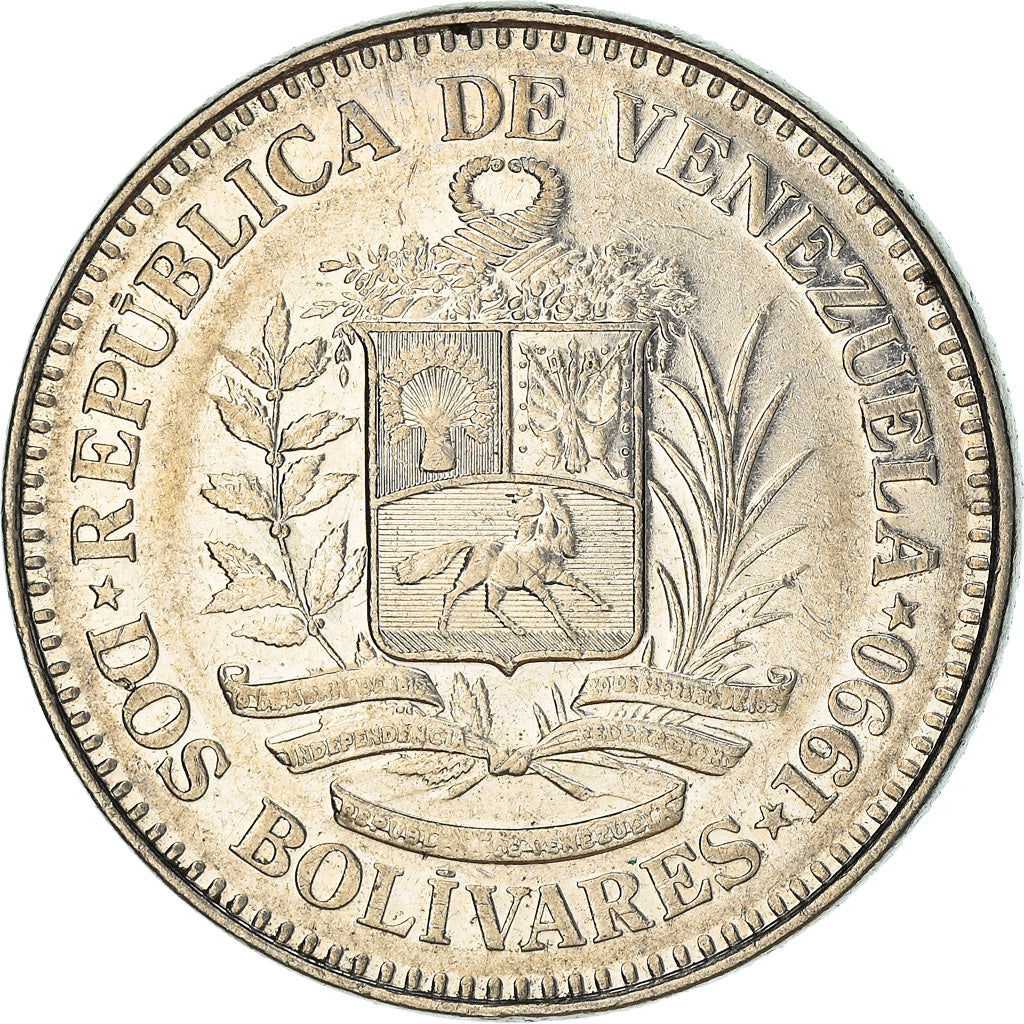 Moneda, Venezuela, 2 Bolivares, 1990, MBC, Níquel recubierto de acero, KM:43a.1