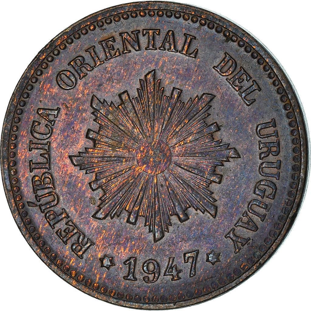 Moneta, Uruguay, 2 Centesimos, 1947, Santiago, SPL-, Rame-stagno-zinco, KM:20a