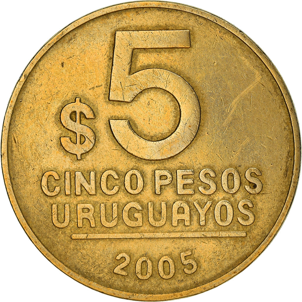 Moneda, Uruguay, 5 Pesos Uruguayos, 2005, Santiago, MBC, Aluminio - bronce