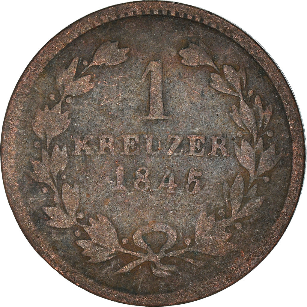 Moeda, Estados Alemães, BADEN, Leopold I, Kreuzer, 1845, F(12-15), Cobre