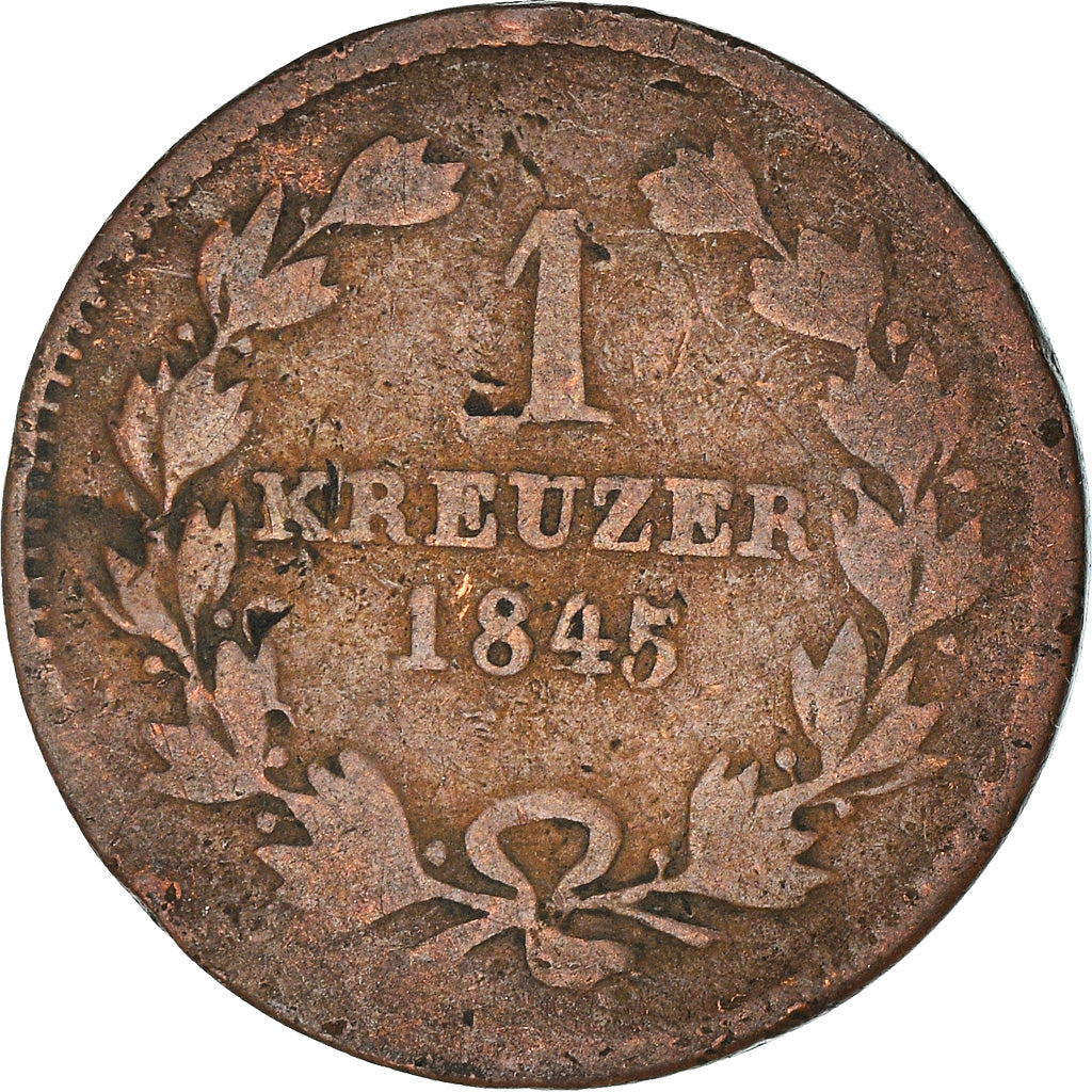 Moneta, Stati tedeschi, BADEN, Leopold I, Kreuzer, 1845, MB, Rame, KM:203