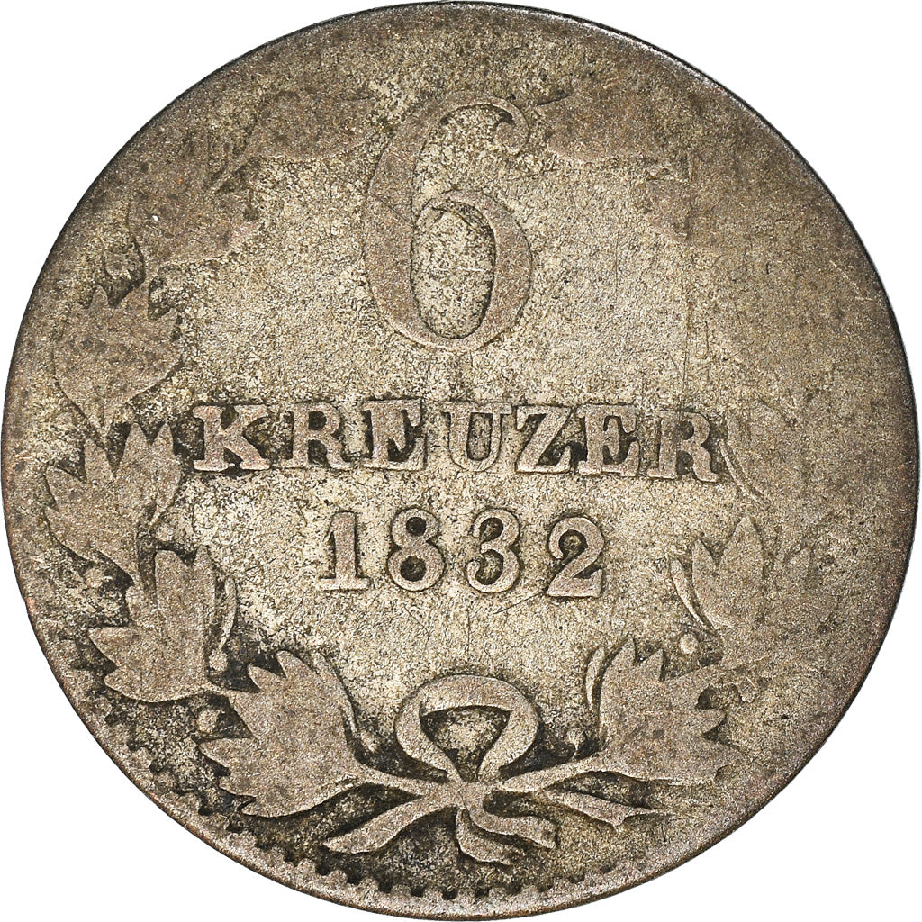 Moneta, Stati tedeschi, BADEN, Leopold I, 6 Kreuzer, 1832, MB, Argento, KM:198.1
