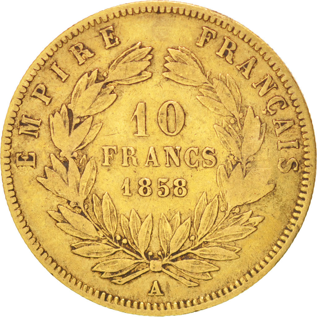 FRANCE, Napoléon III, 10 Francs, 1858, Paris, KM #784.3, VF(20-25), Gold, Gadour