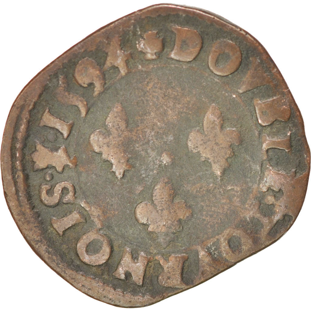 FRANCE, Double Tournois, 1594, Troyes, VF(20-25), Copper, CGKL #150, 2.60