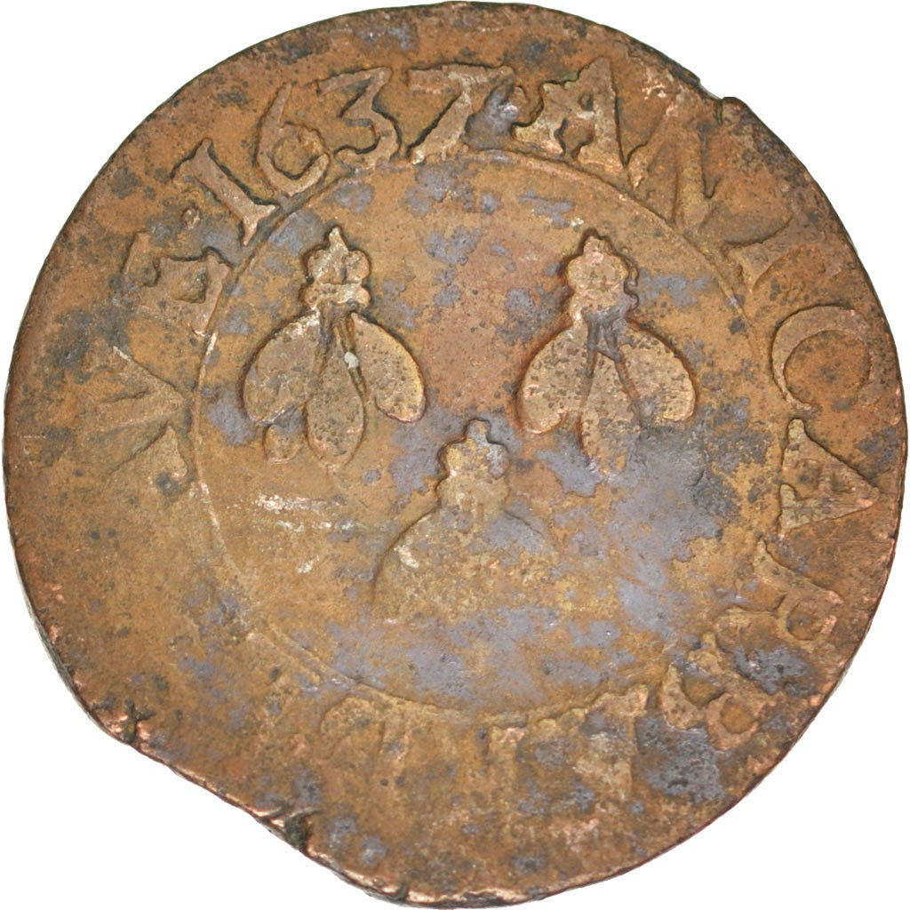 FRANCE, 1 Quattrino, 1637, Avignon, VF(30-35), Copper, CGKL #770, 2.92