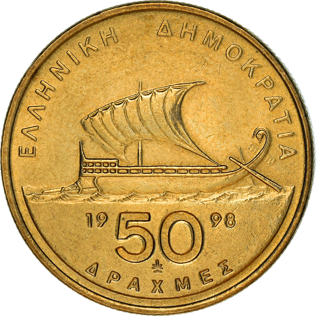 Coin, Greece, 50 Drachmes, 1998, AU(55-58), Aluminum-Bronze, KM:147