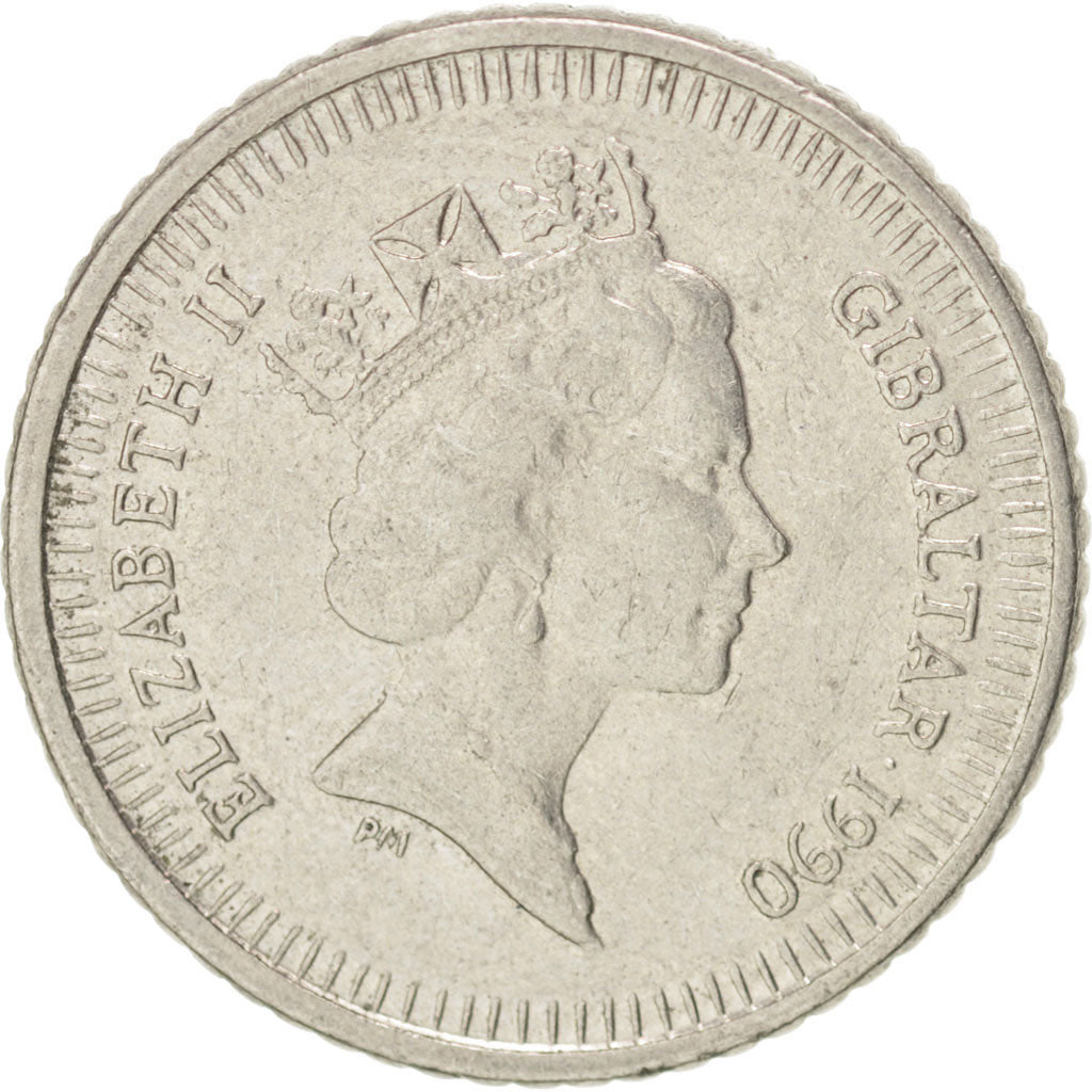 GIBRALTAR, 5 Pence, 1990, KM #22.2, AU(55-58), Copper-Nickel, 18, 3.22