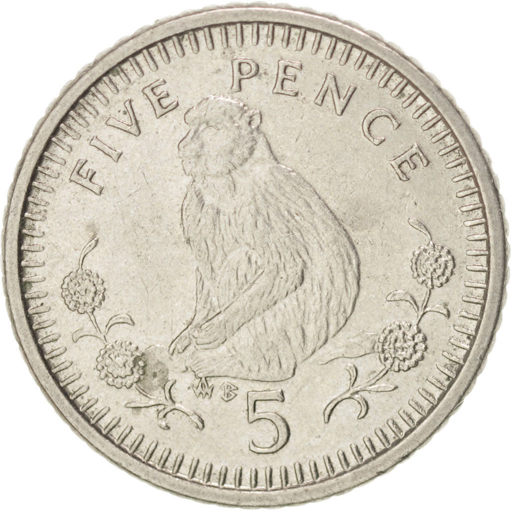 GIBRALTAR, 5 Pence, 1990, KM #22.2, AU(55-58), Copper-Nickel, 18, 3.22
