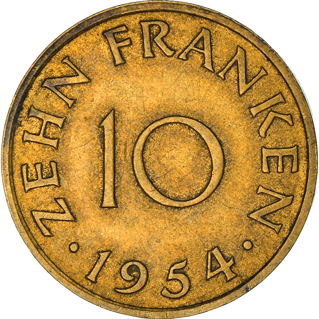 Coin, SAARLAND, 10 Franken, 1954, Paris, VF(30-35), Aluminum-Bronze, KM:1