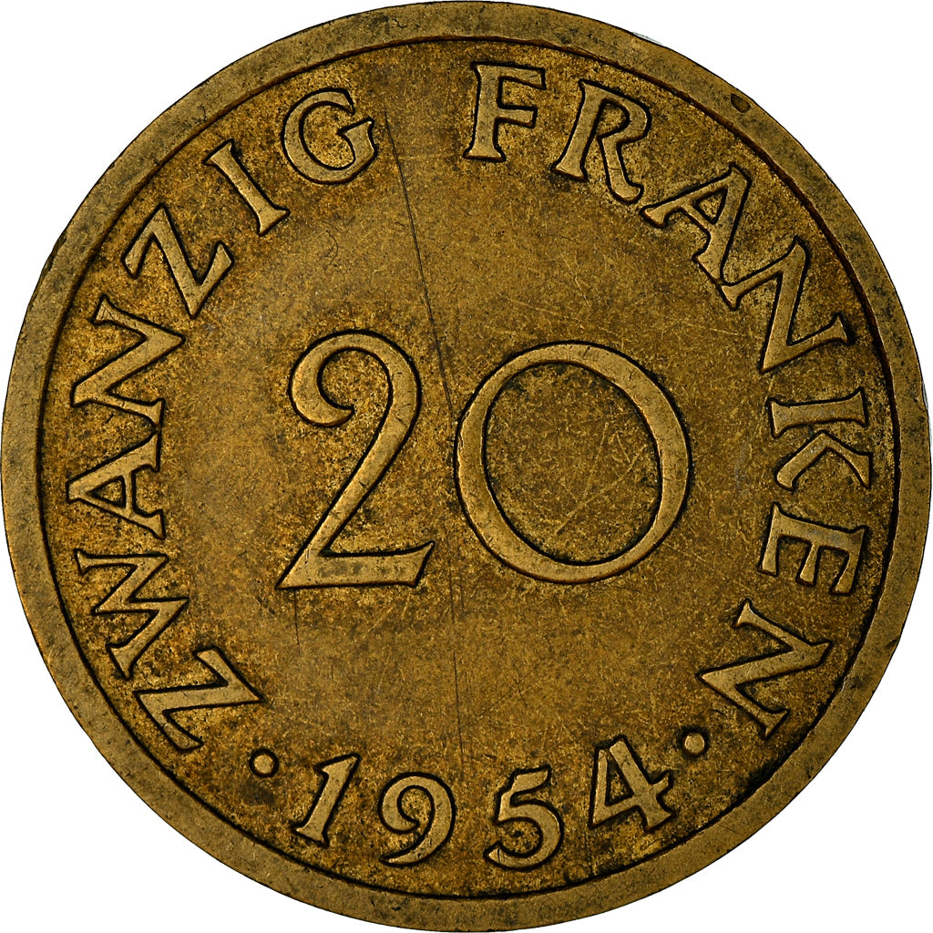 Münze, SAARLAND, 20 Franken, 1954, Paris, SS+, Aluminum-Bronze, KM:2