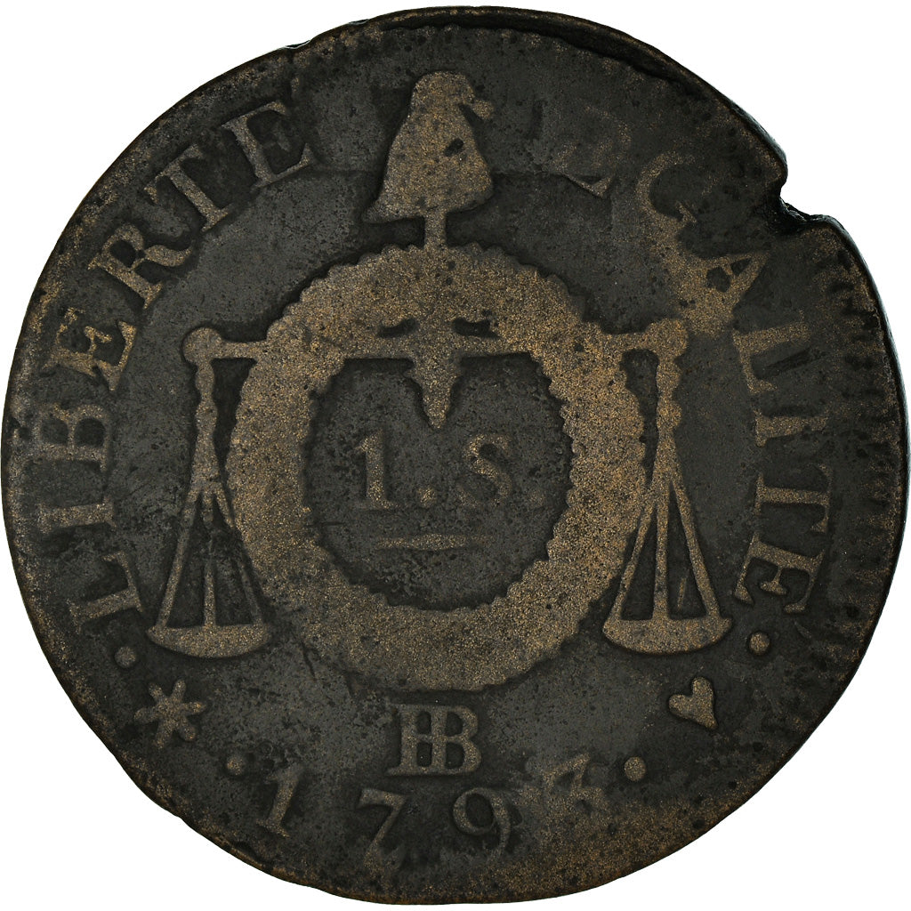 Monnaie, France, Sol aux Balances, 1793, Strasbourg, B+, Bronze, Gadoury:19