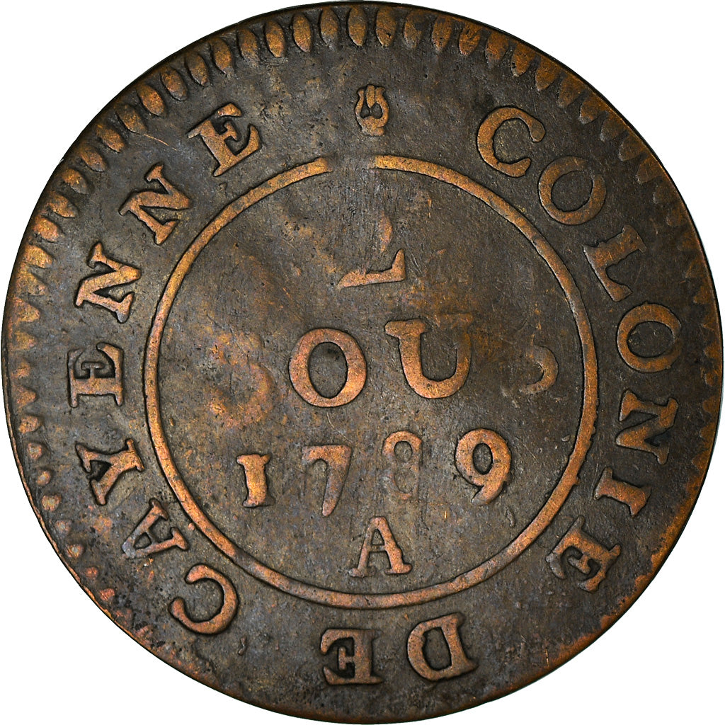 Moeda, GUIANA FRANCESA, 2 Sous, 1789, Paris, VF(20-25), Lingote, KM:1