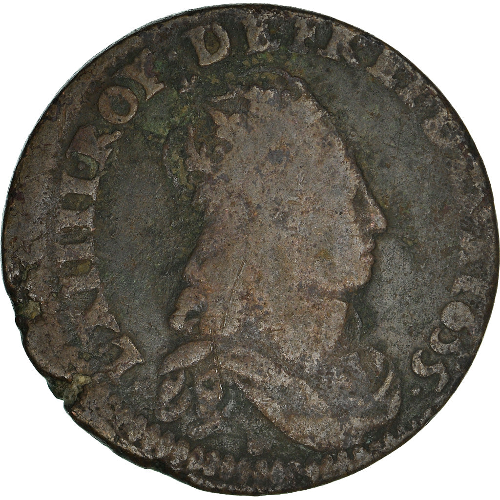 Moeda, França, Louis XIV, Liard de France, 1655, Meung-sur-Loire, F(12-15)