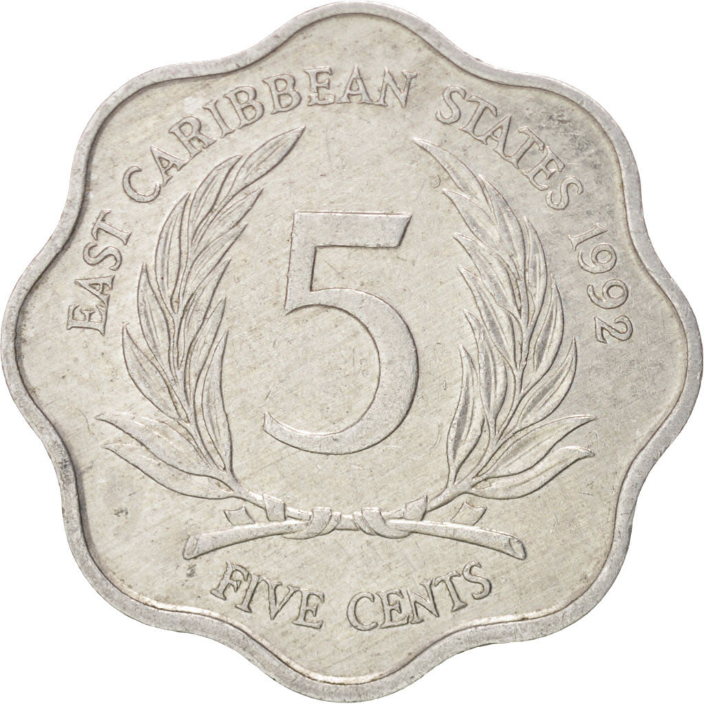 EAST CARIBBEAN STATES, 5 Cents, 1992, KM #12, AU(55-58), Aluminum, 23.1, 1.32