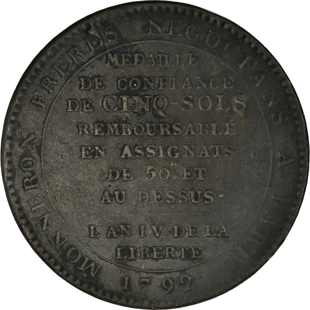 Coin, France, Monneron, 5 Sols, 1792, Paris, EF(40-45), Bronze