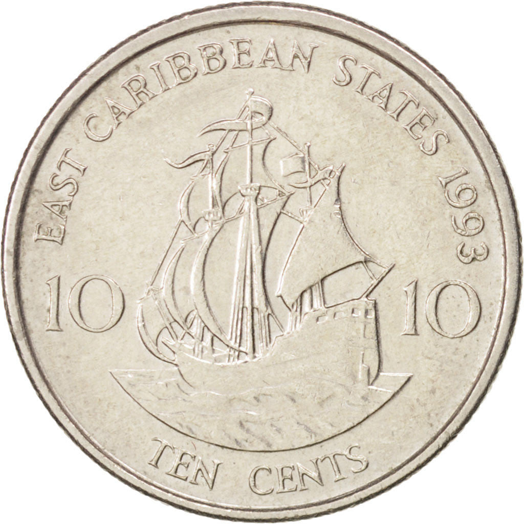 EAST CARIBBEAN STATES, 10 Cents, 1993, KM #13, AU(50-53), Copper-Nickel, 18.06,.