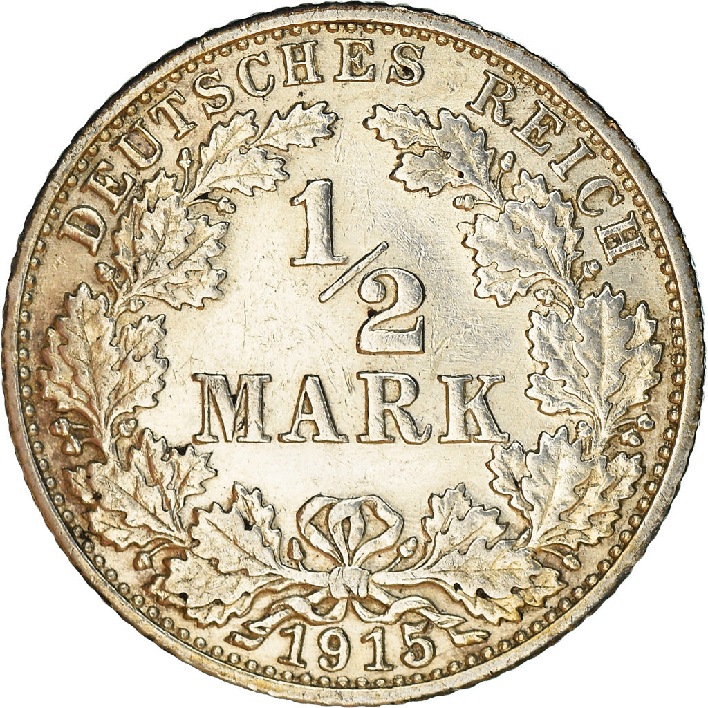 Coin, GERMANY - EMPIRE, 1/2 Mark, 1915, Karlsruhe, AU(50-53), Silver, KM:17