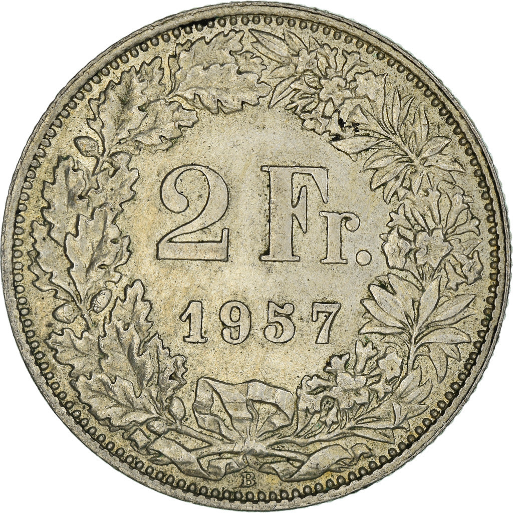 Coin, Switzerland, 2 Francs, 1957, Bern, AU(50-53), Silver, KM:21