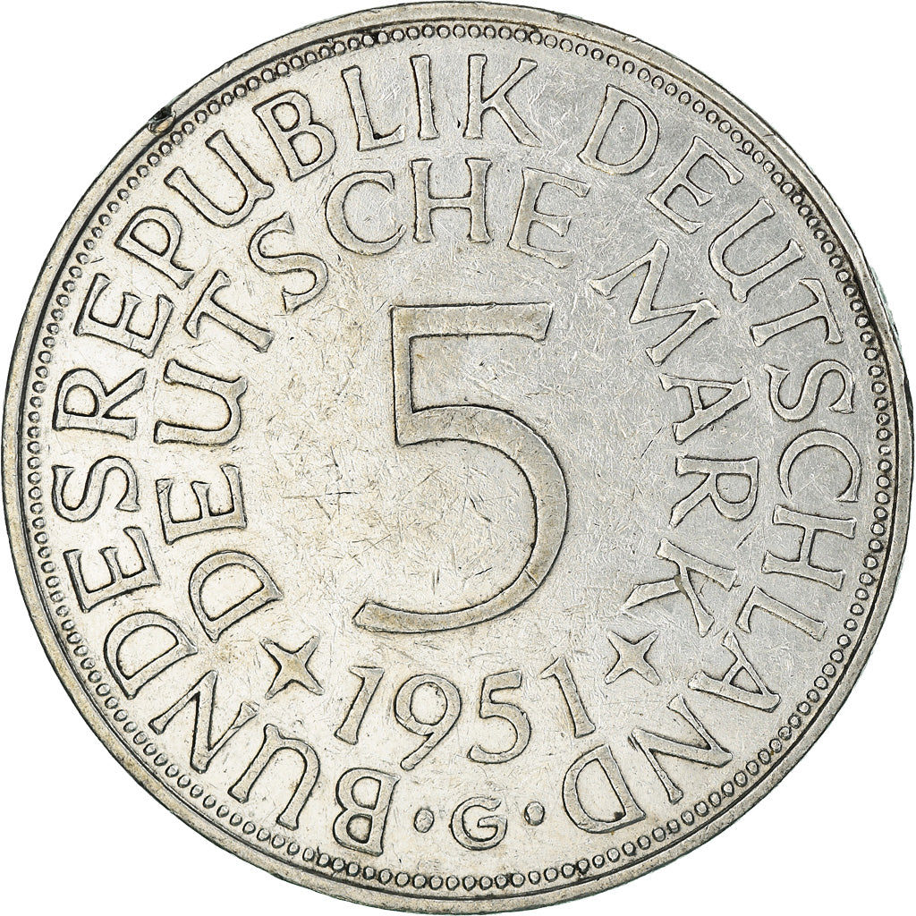 Coin, GERMANY - FEDERAL REPUBLIC, 5 Mark, 1951, Karlsruhe, EF(40-45), Silver