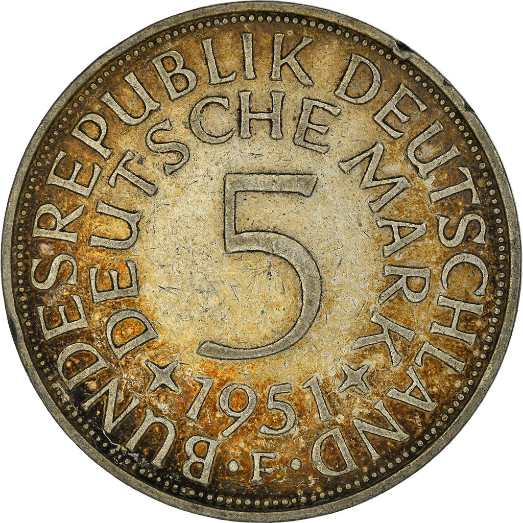 Coin, GERMANY - FEDERAL REPUBLIC, 5 Mark, 1951, Stuttgart, AU(50-53), Silver