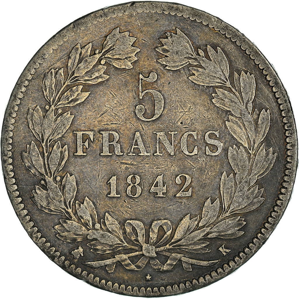 Moeda, França, Louis-Philippe, 5 Francs, 1842, Bordeaux, VF(30-35), Prata
